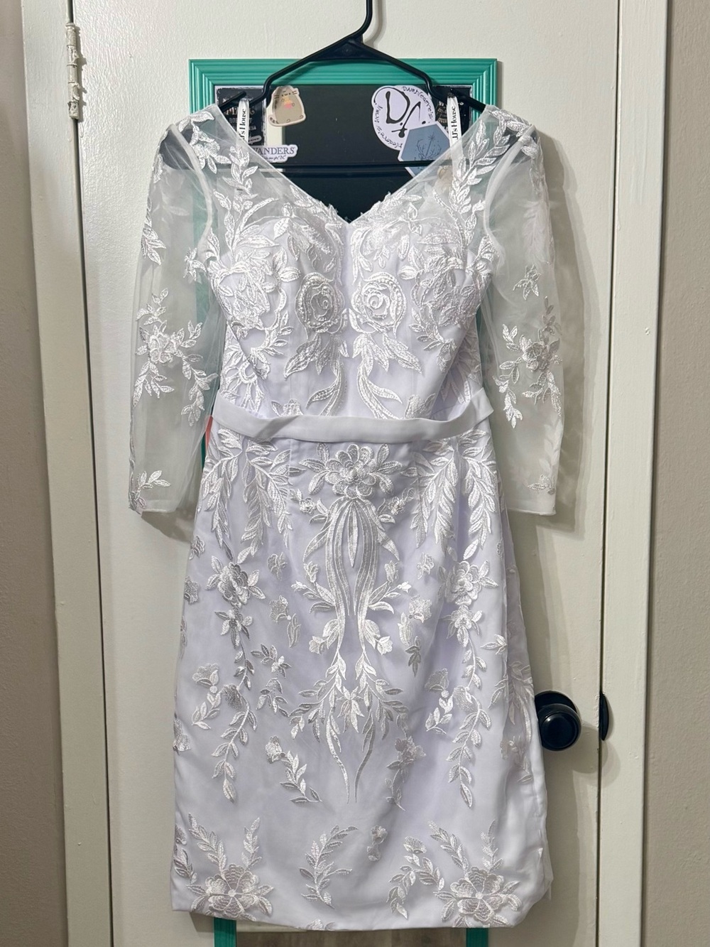JJs House White Embroidered Floral Formal Kids Dress with Sheer Sleeves